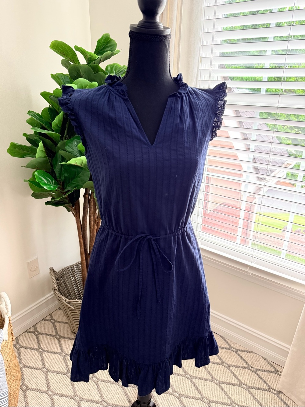 Draper James Navy Ruffled Sleeve Tie-Waist Mini Dress